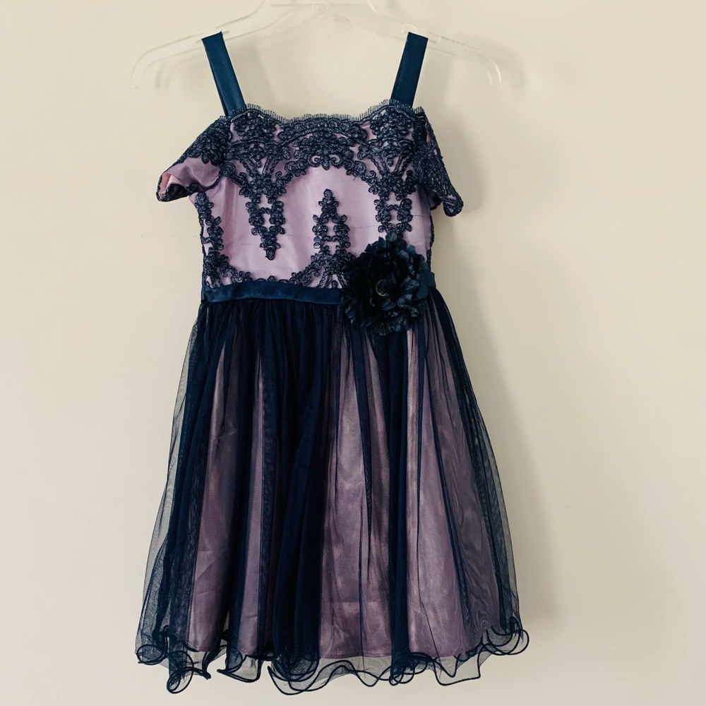 Navy and Lavender Lace Floral Applique Girls Party Dress